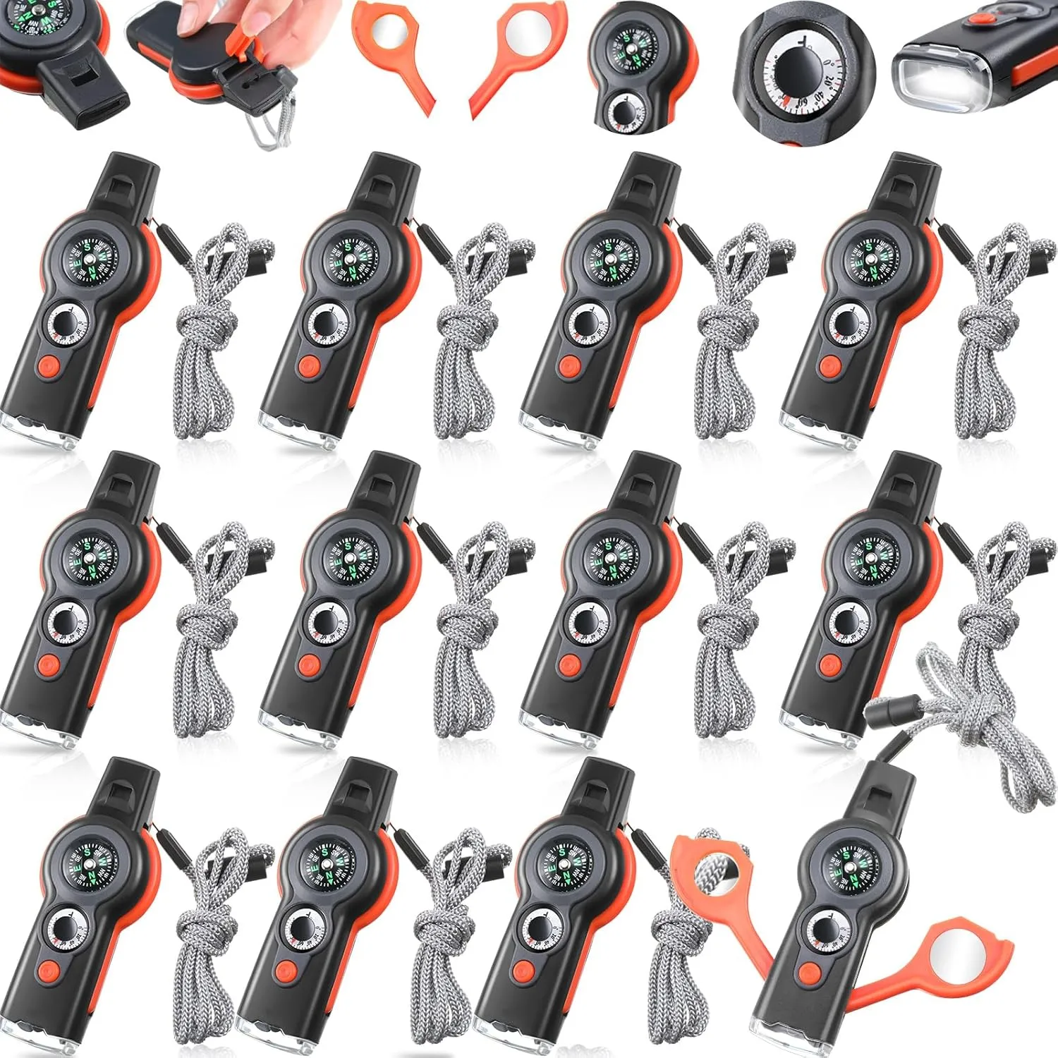 12 Pack Emergency Safety Whistle 7 in 1 Loud Survival Whistle with Lanyard Multifunctional Tool with Compass Thermometer Reflecting Mirror Magnifiers LED Lights for Outdoor Hiking