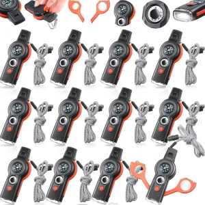 12 Pack Emergency Safety Whistle 7 in 1 Loud Survival Whistle with Lanyard Multifunctional Tool with Compass Thermometer Reflecting Mirror Magnifiers LED Lights for Outdoor Hiking