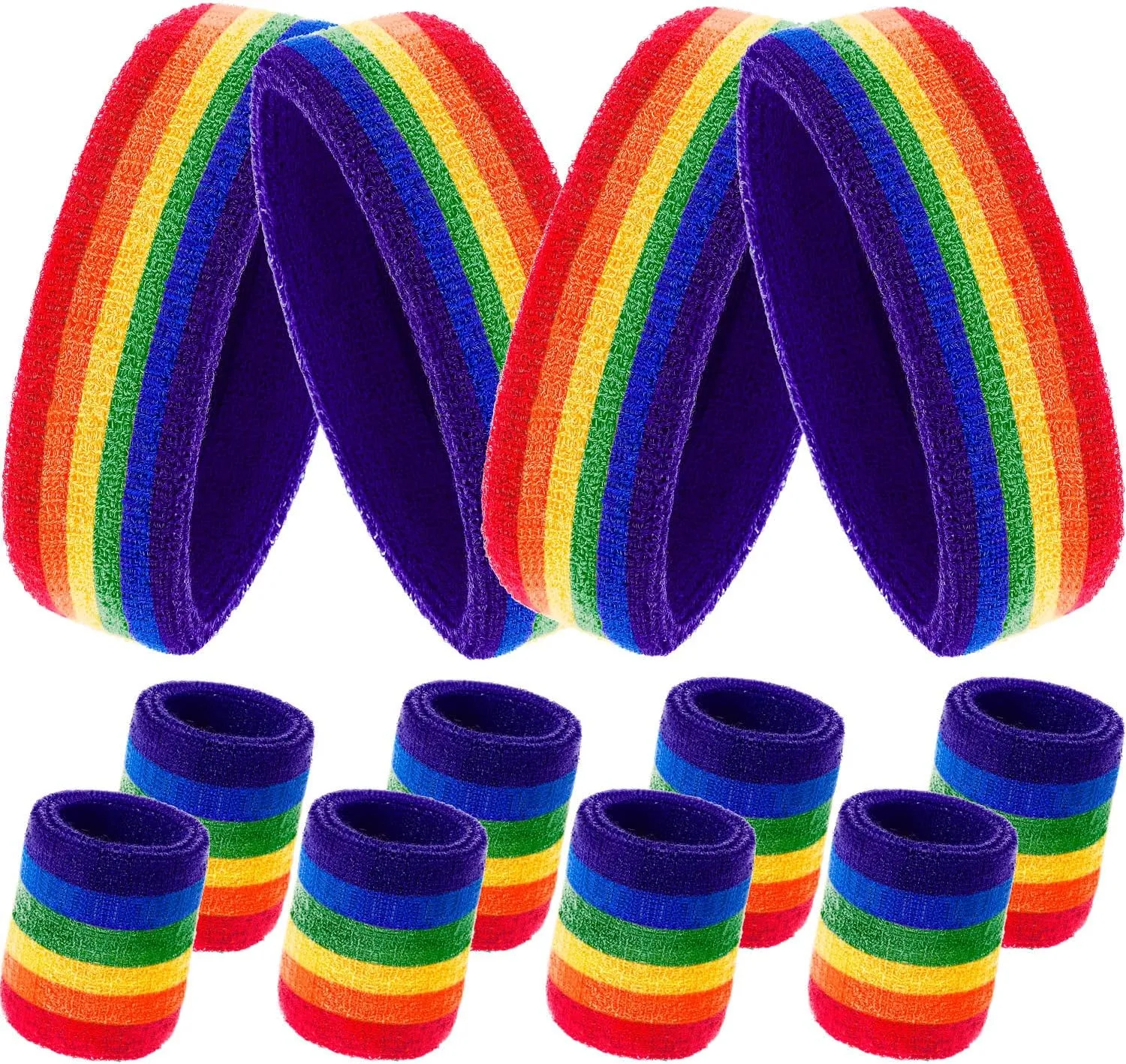 12 Pcs Rainbow Terry Cloth Sweatbands Set for Men & Women - 4 Striped Headbands, 8 Wristbands for Sports, Gym, LGBT Pride Parades (Rainbow)