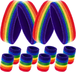 12 Pcs Rainbow Terry Cloth Sweatbands Set for Men & Women - 4 Striped Headbands, 8 Wristbands for Sports, Gym, LGBT Pride Parades (Rainbow)