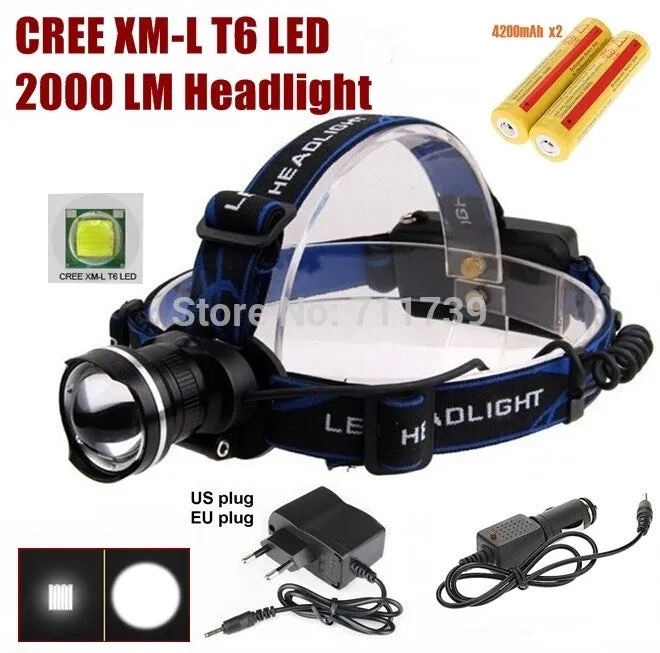 AloneFire HP87 cree led Headlight Cree XM-L T6 LED 2000LM cree led Headlamp light AC Charger/Car charger/2x4200mAh 18650 battery