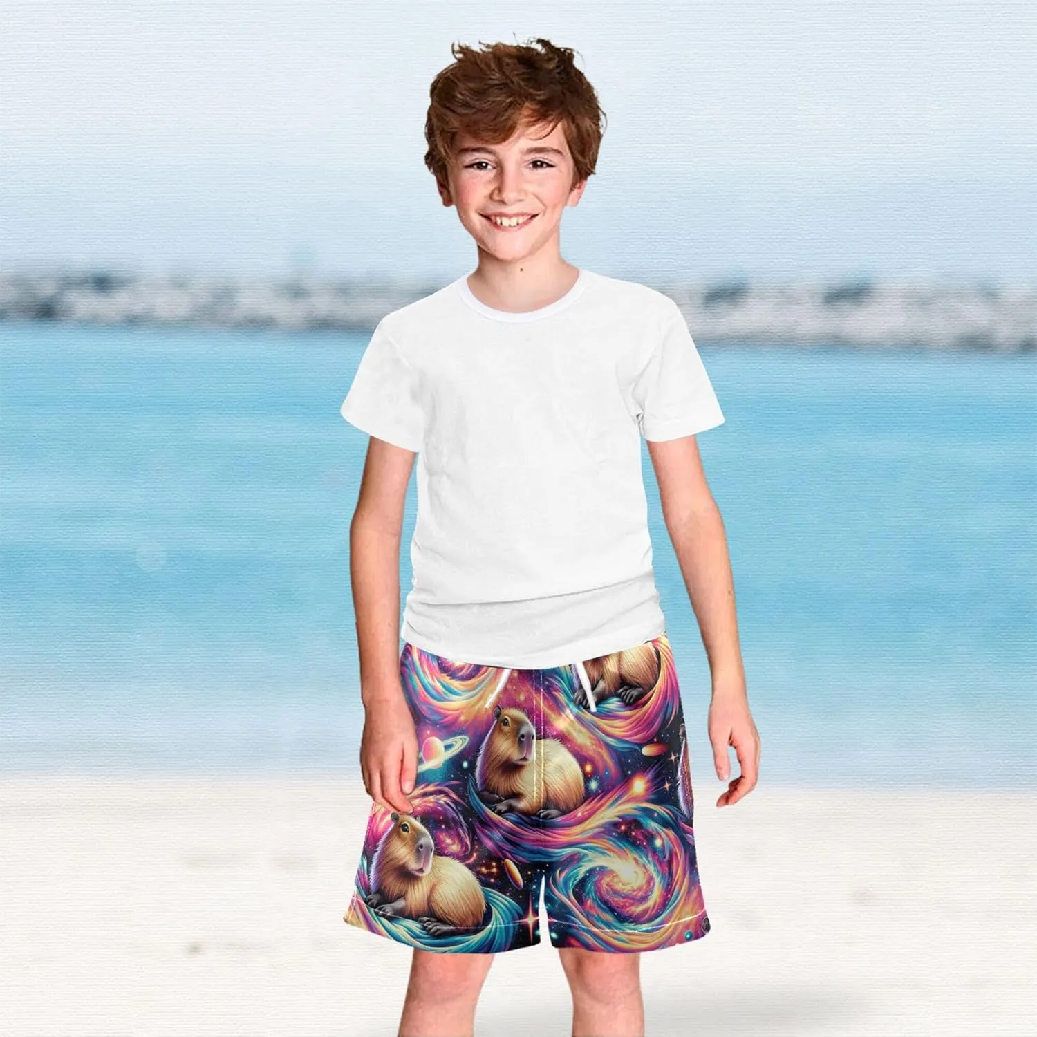 Boys Swim Trunks Capybara Surfing Swimwear Quick Dry Bathing Suit Colorful Beach Board Shorts