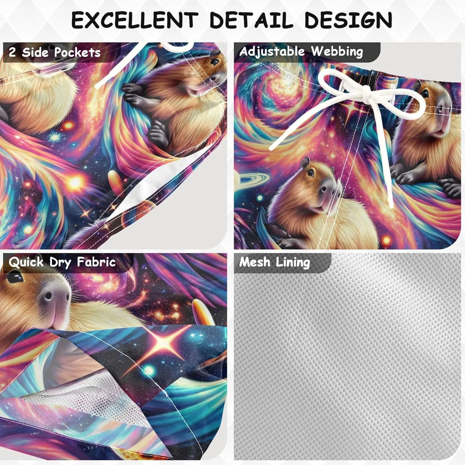 Boys Swim Trunks Capybara Surfing Swimwear Quick Dry Bathing Suit Colorful Beach Board Shorts