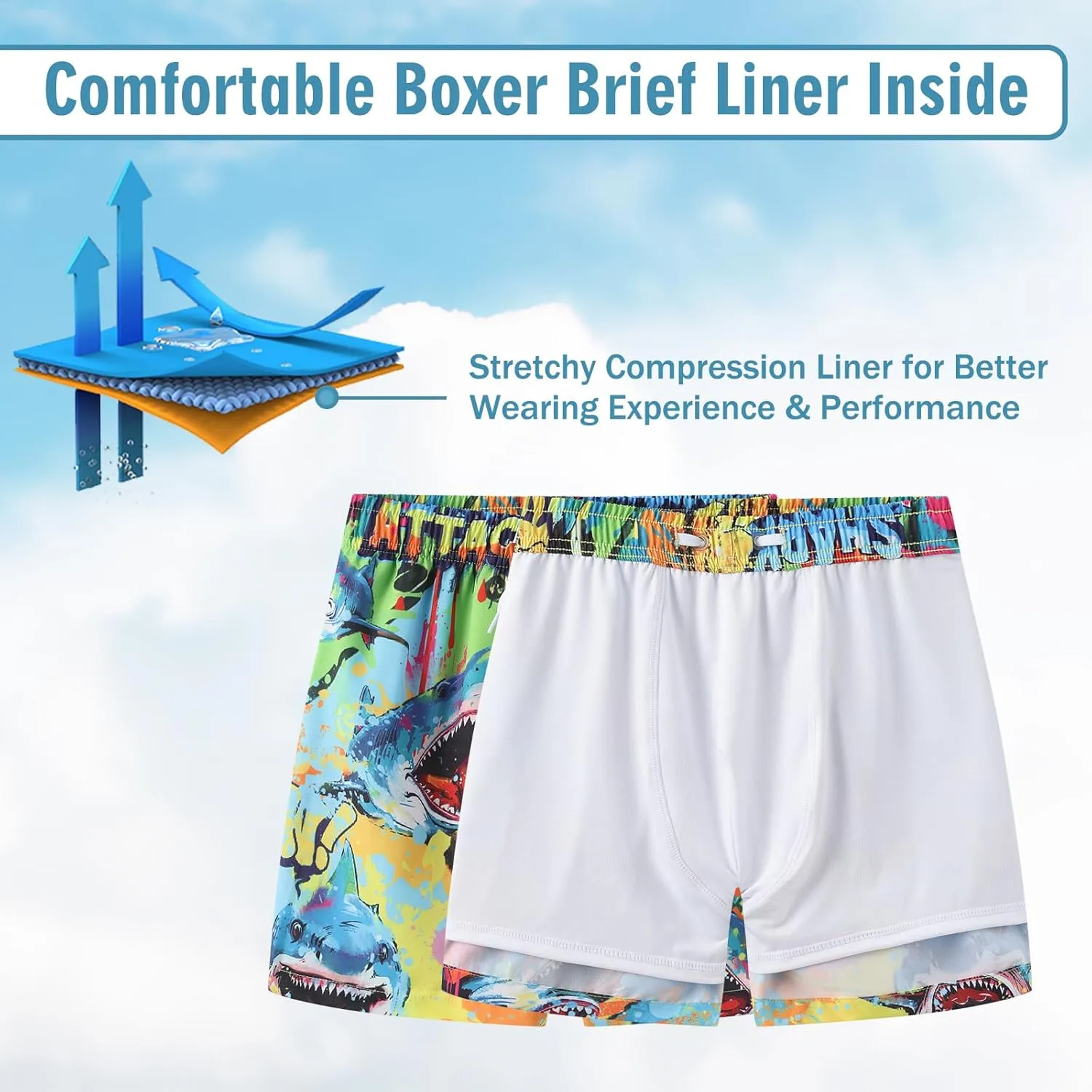 Boys Swim Trunks with Compression Liner Swim Shorts for Kids Boys Quick Dry Beach Shorts Swimwear 3-16 Years