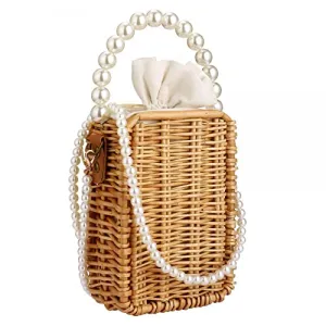 Buric Crossbody Bags for Women Beach Straw Purse Lightweight Women's Crossbody Handbags Fashion Pearl Shoulder Bag Retro Straw Handmade Bag Summer Basket Purse (Rectangle)