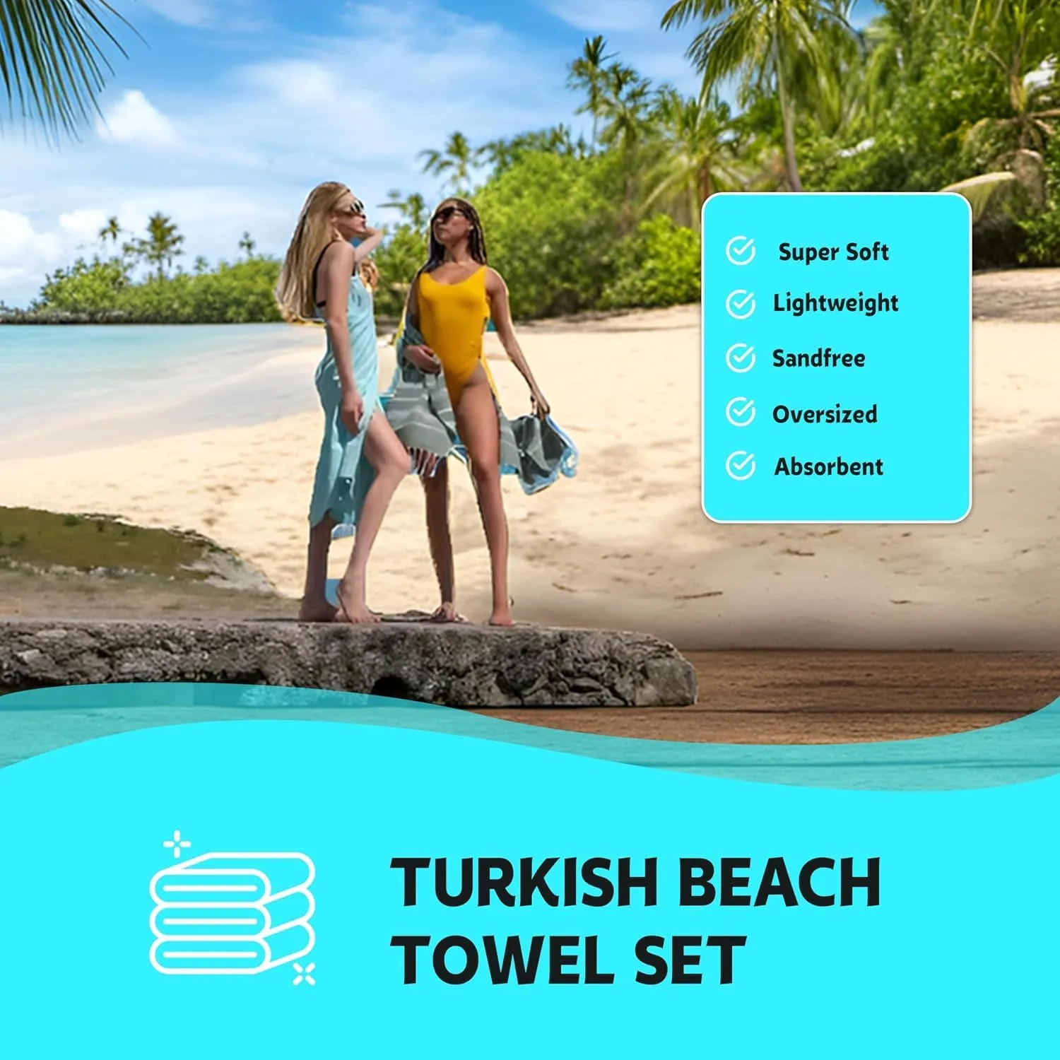 HAVLULAND Turkish Beach Towels, Oversized 72"x40", Quick-Dry, Absorbent, Lightweight, Sand-Free, Compact, XL, Adults Ideal for Beach, Pool, Gym, Yoga, Travel, Camping Blanket - Bulk Set of 6 Turquoise