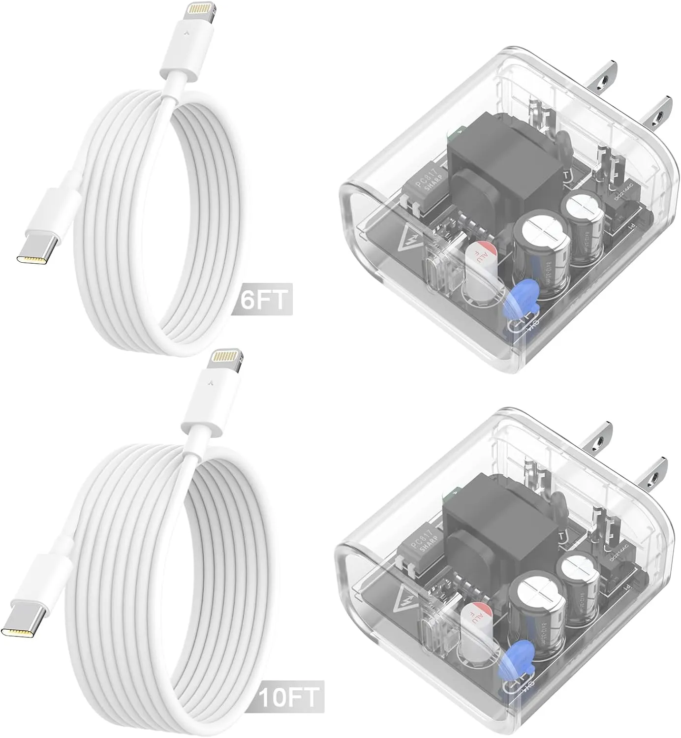 iPhone Charger Fast Charging, 2 Pack 20W USB C Wall Charger Block with MFi Certified 6/10FT Type C to Lightning Cables for iPhone 14 13 12 11 Pro Max XR XS X, iPad,AirPods Pro (Transparent White)