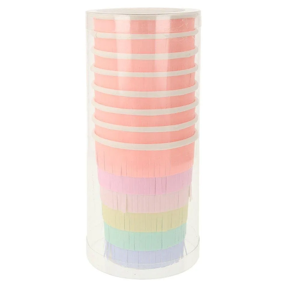 Pastel Rainbow Fringe Party Cups, Set of 8 Rainbow Sun Paper Cups with  Paper Fringe  , Holds 9 Ounces