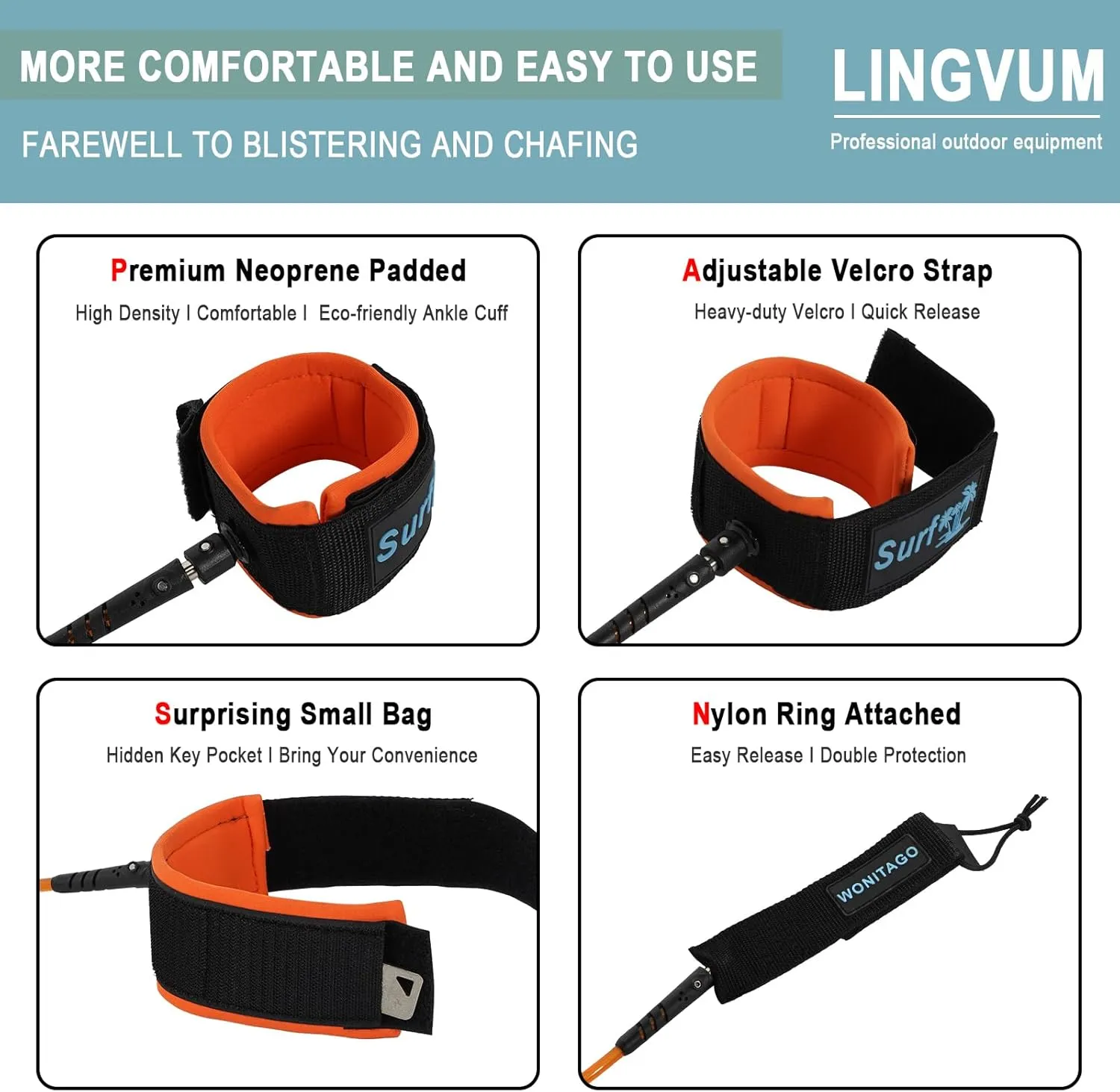 Premium Surfboard Leash, 6/7/8/9/10 ft, Straight Surf Board Leashes, 7mm Legrope Strap for Shortboard, Longboard