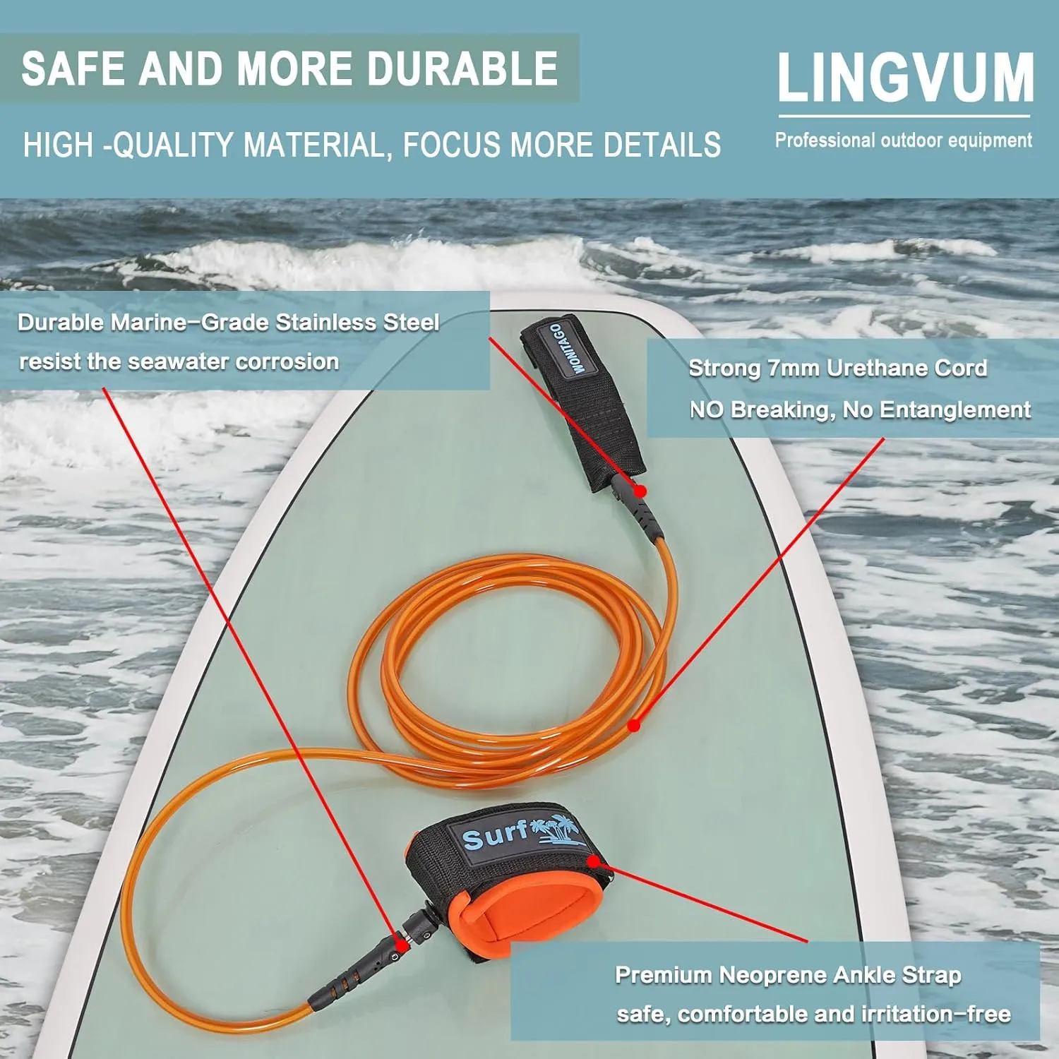 Premium Surfboard Leash, 6/7/8/9/10 ft, Straight Surf Board Leashes, 7mm Legrope Strap for Shortboard, Longboard