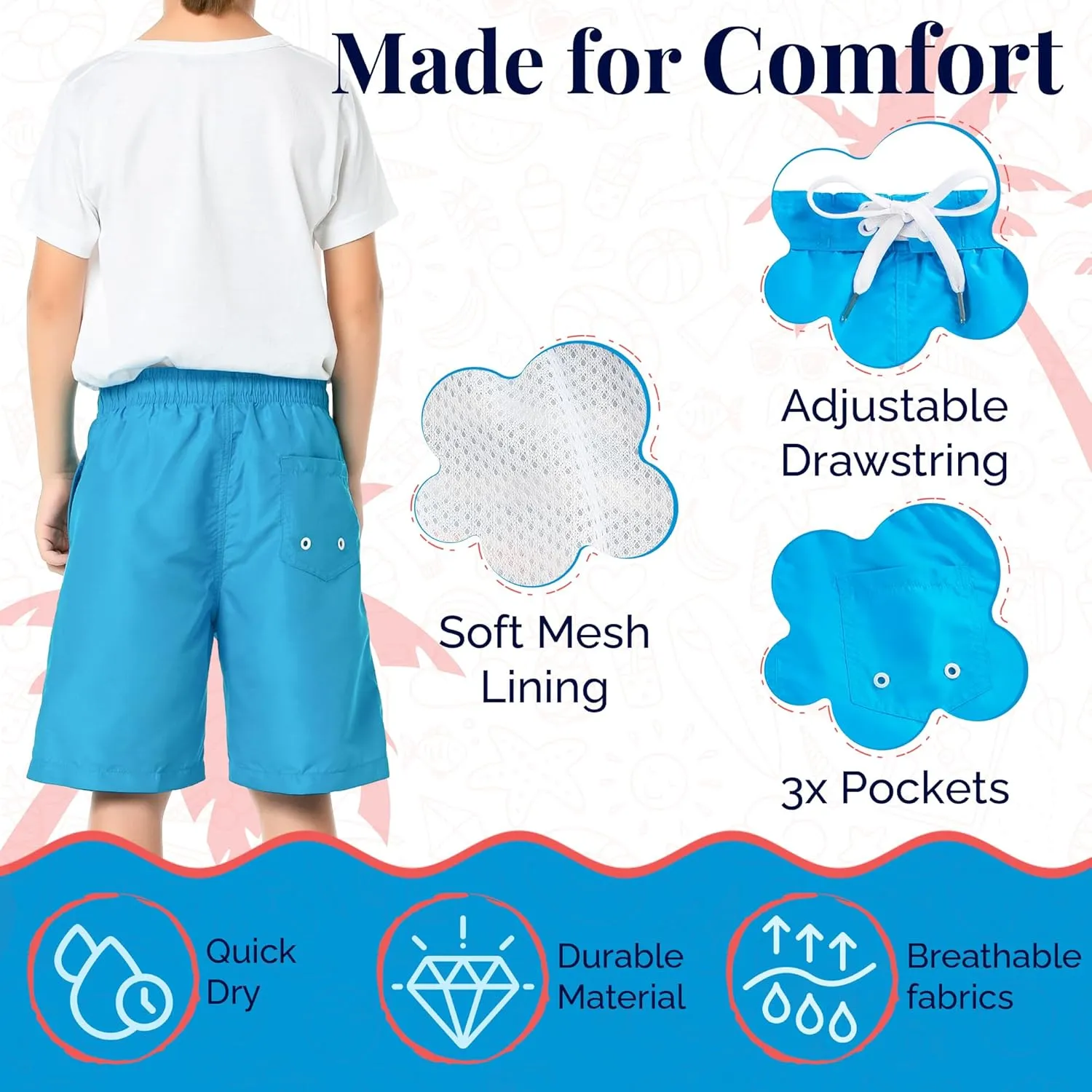 SIX ISLANDS Boys Swim Trunks - Quick-Dry, Comfortable, Ages 5/6 to 18/20 - Fun Patterns, Durable Design Boys Bathing Suit