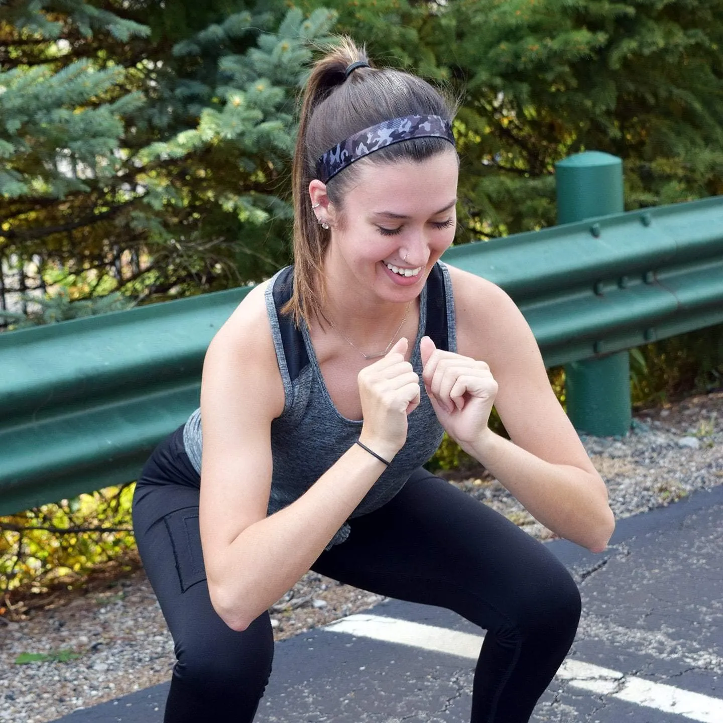Sweaty Bands Womens Girls Headband - Non-Slip Velvet-Lined Workout Hairband - Booty Camp Camo Black Gray 1-Inch